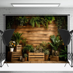 Lofaris Brown Wooden Box Green Plants Photoshoot Backdrop