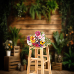 Lofaris Brown Wooden Box Green Plants Photoshoot Backdrop