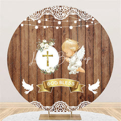 Lofaris Brown Wooden God Bless Angel Baby Baptism Backdrop