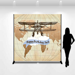 Lofaris Brown World Map Plane Custom Happy Birthday Backdrop