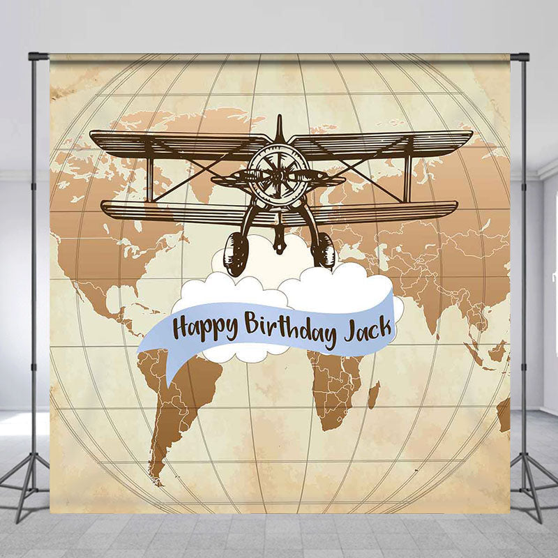 Lofaris Brown World Map Plane Custom Happy Birthday Backdrop