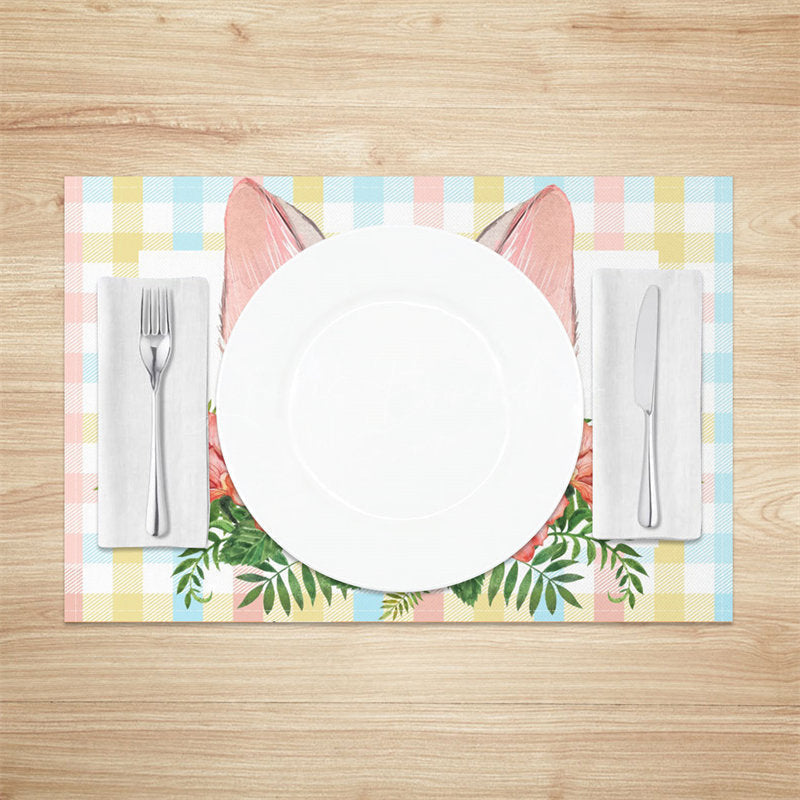 Lofaris Bunny Ear Plaid Red Floral Leaves Set Of 4 Placemats