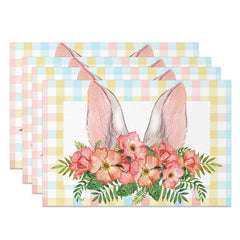 Lofaris Bunny Ear Plaid Red Floral Leaves Set Of 4 Placemats