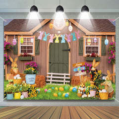 Lofaris Bunny Eggs Floral Wood Farm House Easter Backdrop