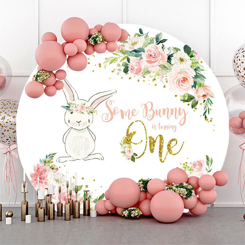 Lofaris Bunny Floral Leaves Round 1st Birthday Backdrop