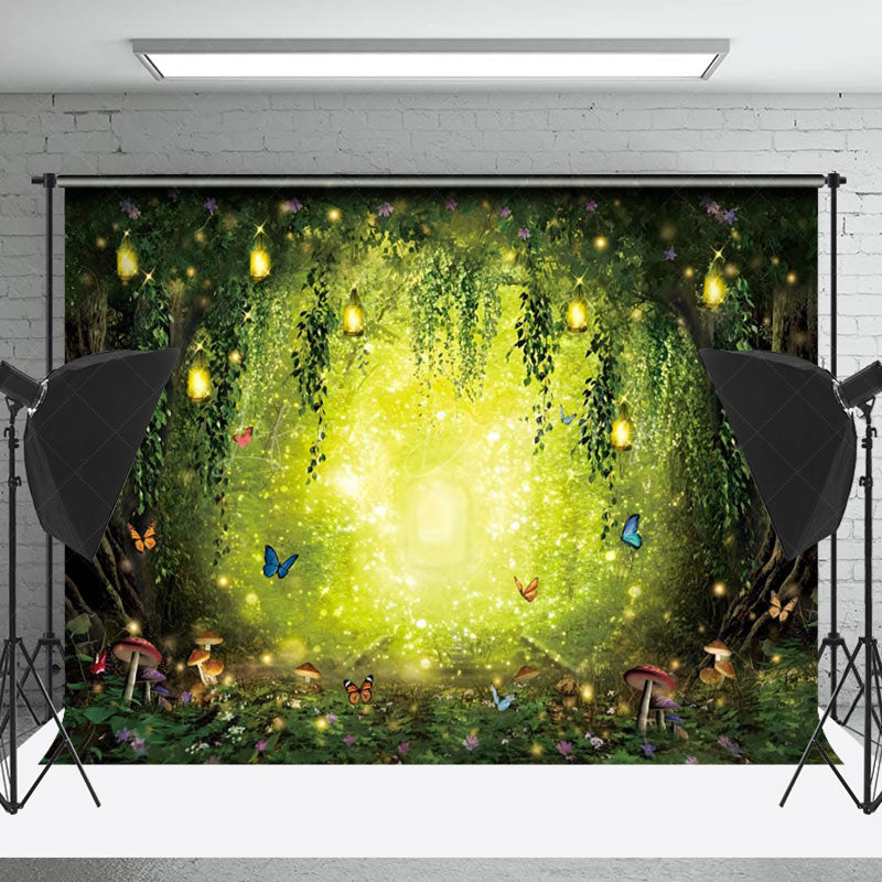 Lofaris Butterfly Mushroom Sparkle Light Forest Backdrop