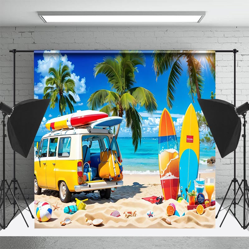 Lofaris Camping Seaside Bus Blue Sky Surfboard Summer Backdrop