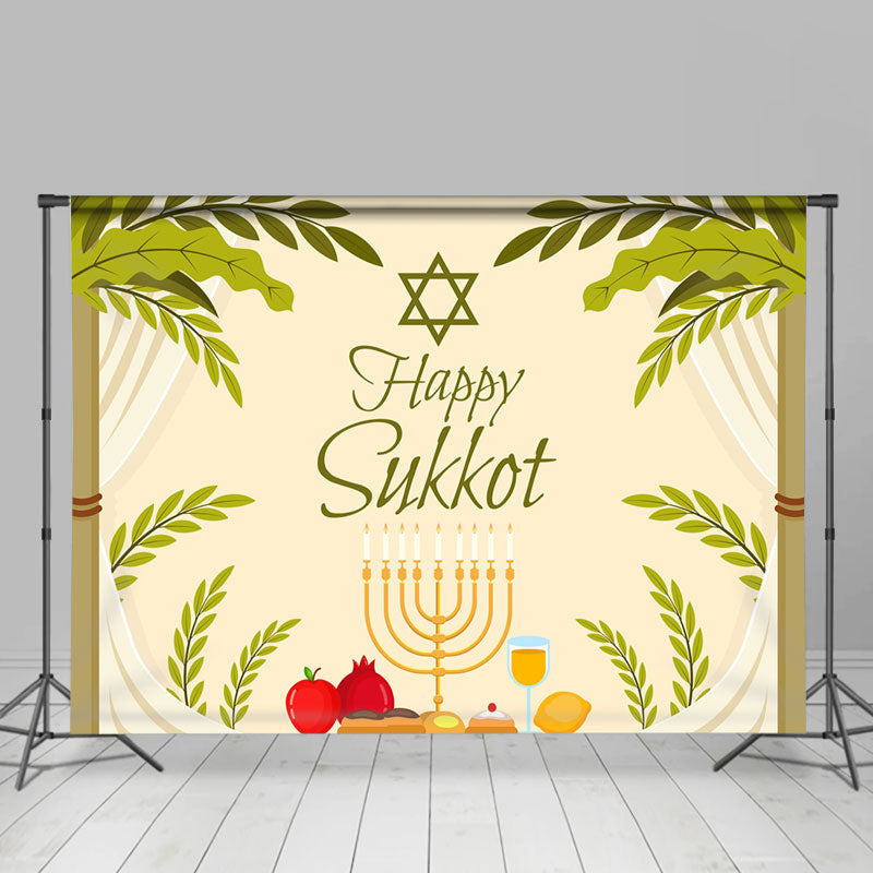 Lofaris Candlestick Green Leaves Beige Jewish Sukkot Backdrop