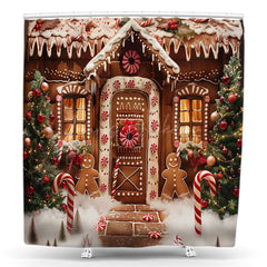 Lofaris Candy Brown House Trees Christmas Shower Curtain