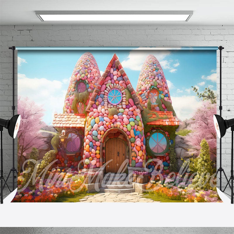 Lofaris Candy Colorful Eggs House Sakura Easter Backdrop