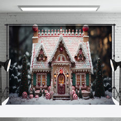 Lofaris Candy House Xmas Trees Snowy Christmas Backdrop