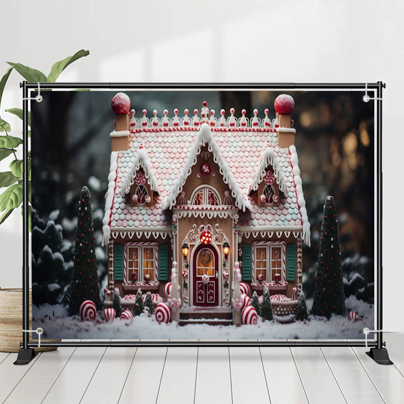 Lofaris Candy House Xmas Trees Snowy Christmas Backdrop