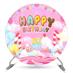 Lofaris Candy Land Pink House Circle Happy Birthday Backdrop