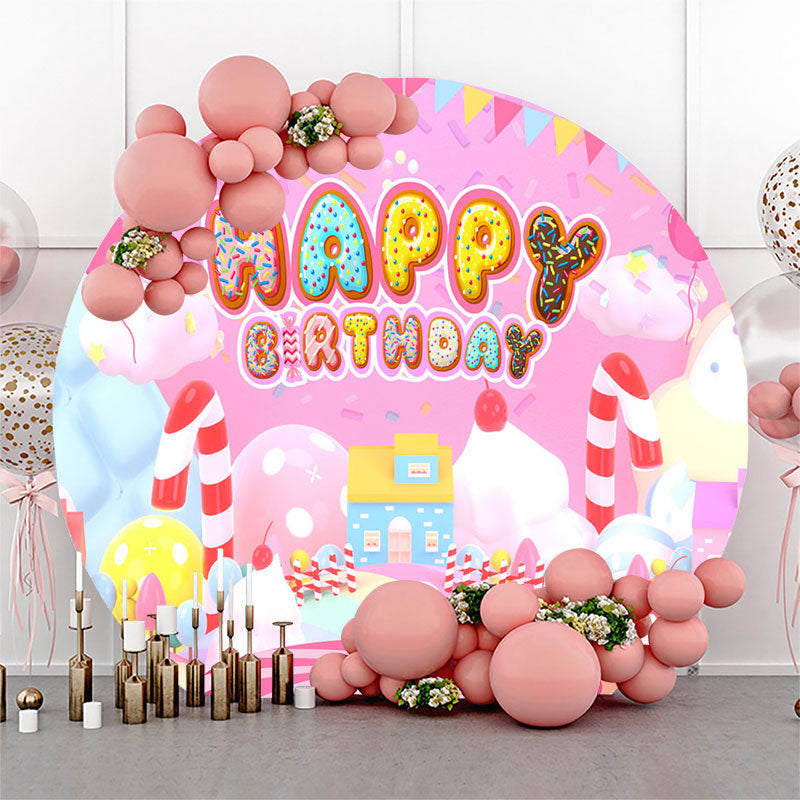 Lofaris Candy Land Pink House Circle Happy Birthday Backdrop