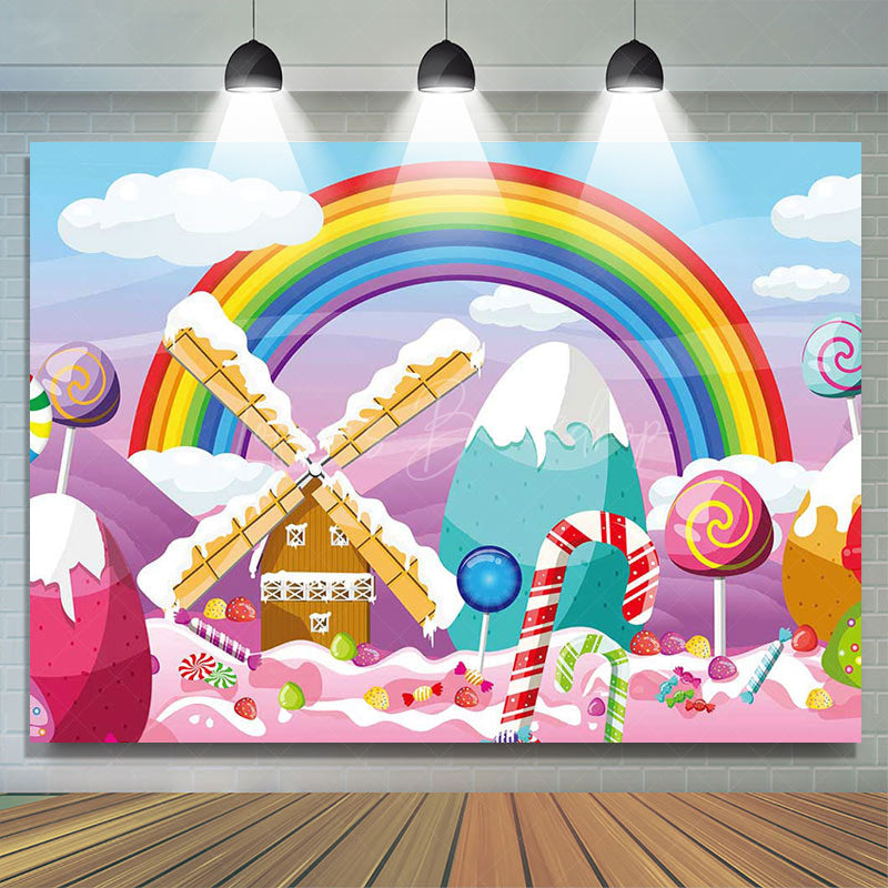 Lofaris Candyland Rainbow Clouds House Birthday Backdrop