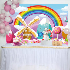 Lofaris Candyland Rainbow Clouds House Birthday Backdrop