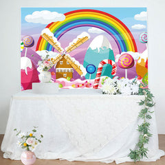 Lofaris Candyland Rainbow Clouds House Birthday Backdrop