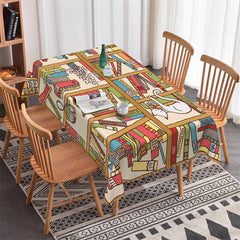 Lofaris Caricature Style Cats And Bookshelf Kitchen Tablecloth