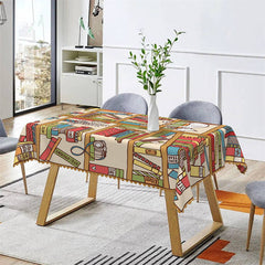 Lofaris Caricature Style Cats And Bookshelf Kitchen Tablecloth