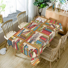 Lofaris Caricature Style Cats And Bookshelf Kitchen Tablecloth