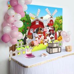 Lofaris Cartoon Barn Windmill Animals Farm Birthday Backdrop