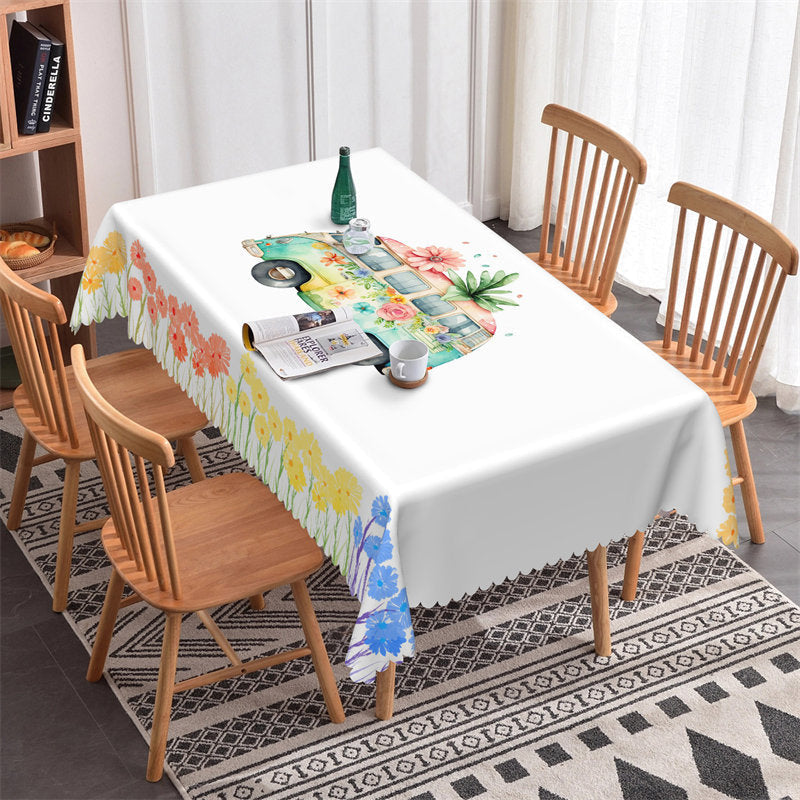 Lofaris Cartoon Bus Wildflowers White Dining Room Tablecloth