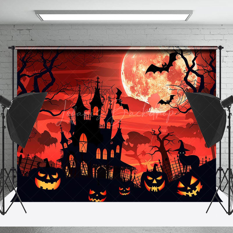 Lofaris Cartoon Castle Moon Red Sky Pumpkin Halloween Backdrop