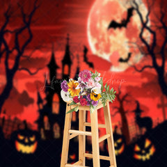 Lofaris Cartoon Castle Moon Red Sky Pumpkin Halloween Backdrop