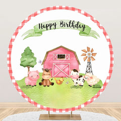 Lofaris Cartoon Farm Animals Grass Round Birthday Backdrop