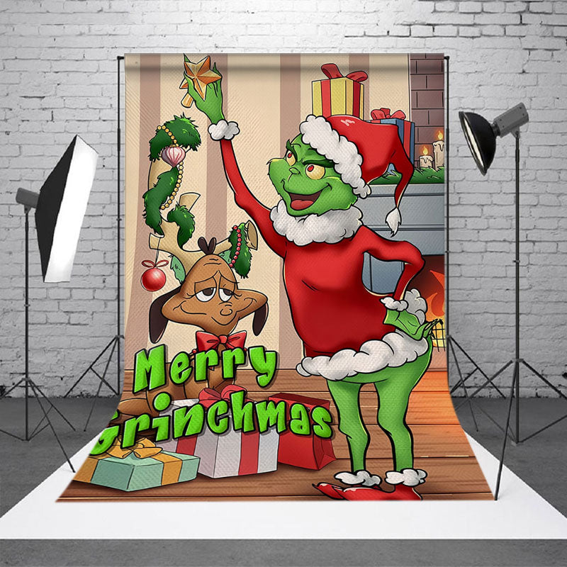 Cartoon Green Elf Grinch Puppy Christmas Backdrop - Lofaris