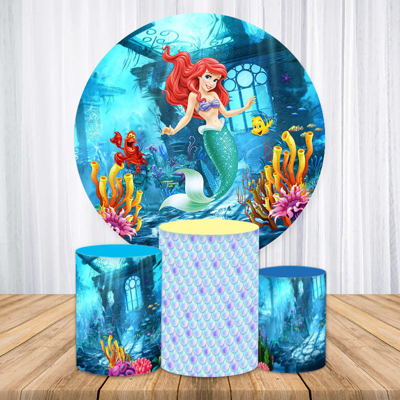 Lofaris Cartoon Mermaid Princess Round Girls Birthay Backdrop Kit