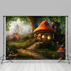 Lofaris Cartoon Mushroom House Floral Forest Spring Backdrop