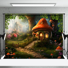 Lofaris Cartoon Mushroom House Floral Forest Spring Backdrop