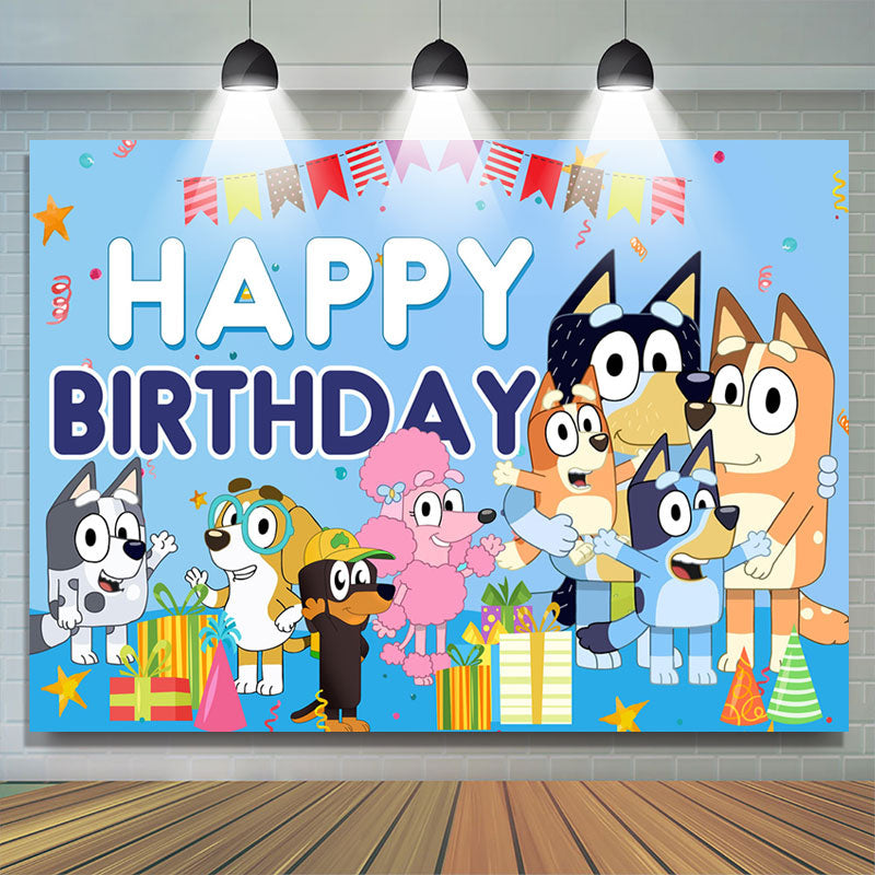 Cartoon Sheepdog Blue Theme Happy Birthday Backdrop
