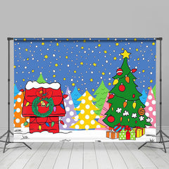 Lofaris Cartoon Xmas Trees Star Red House Christmas Backdrop