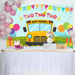 Lofaris Cartoon Yellow Bus Balloon Gift 2nd Birthday Backdrop