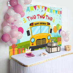 Lofaris Cartoon Yellow Bus Balloon Gift 2nd Birthday Backdrop