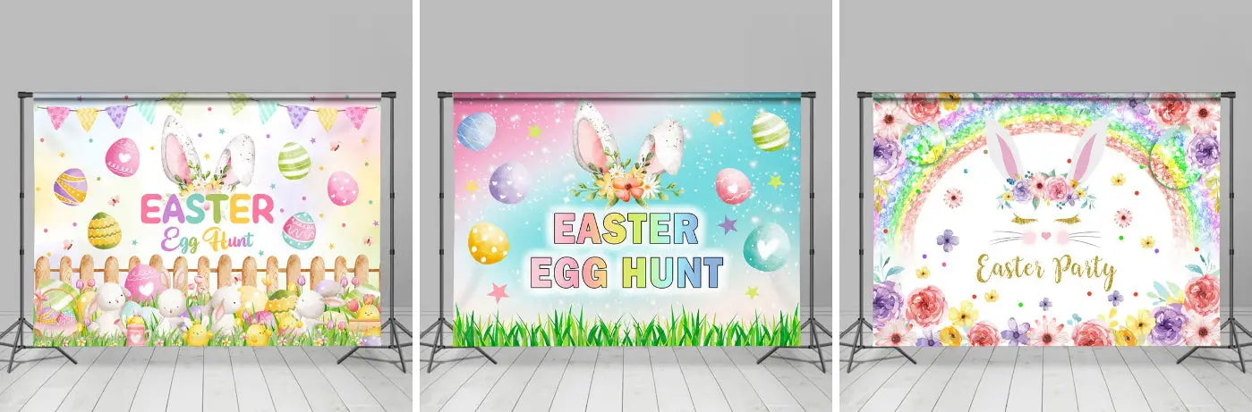 Egg Hunt Rabbit Plants Wooden Fence Easter Backdrop - Lofaris