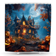 Lofaris Castle Pumpkins Moon Night Halloween Shower Curtain