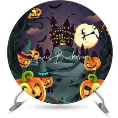 Lofaris Castle Pumpkins Moon Night Round Halloween Backdrop