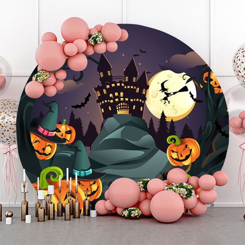 Lofaris Castle Pumpkins Moon Night Round Halloween Backdrop