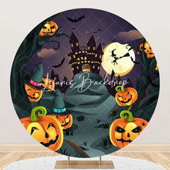 Lofaris Castle Pumpkins Moon Night Round Halloween Backdrop