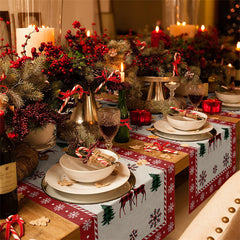 Lofaris Cedar Elk Snowflake Red Beige Christmas Table Runner