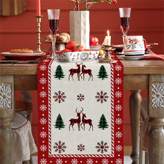 Lofaris Cedar Elk Snowflake Red Beige Christmas Table Runner