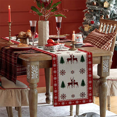 Lofaris Cedar Elk Snowflake Red Beige Christmas Table Runner