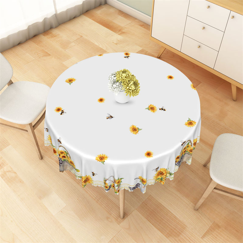 Lofaris Chic White Sunflowers Bees Pattern Round Tablecloth