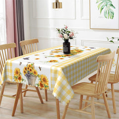 Lofaris Chic Yellow Plaid Sunflowers Pattern Tablecloth