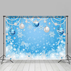 Lofaris Christmas Ball Pearl Bokeh Snowflake Blue Backdrop