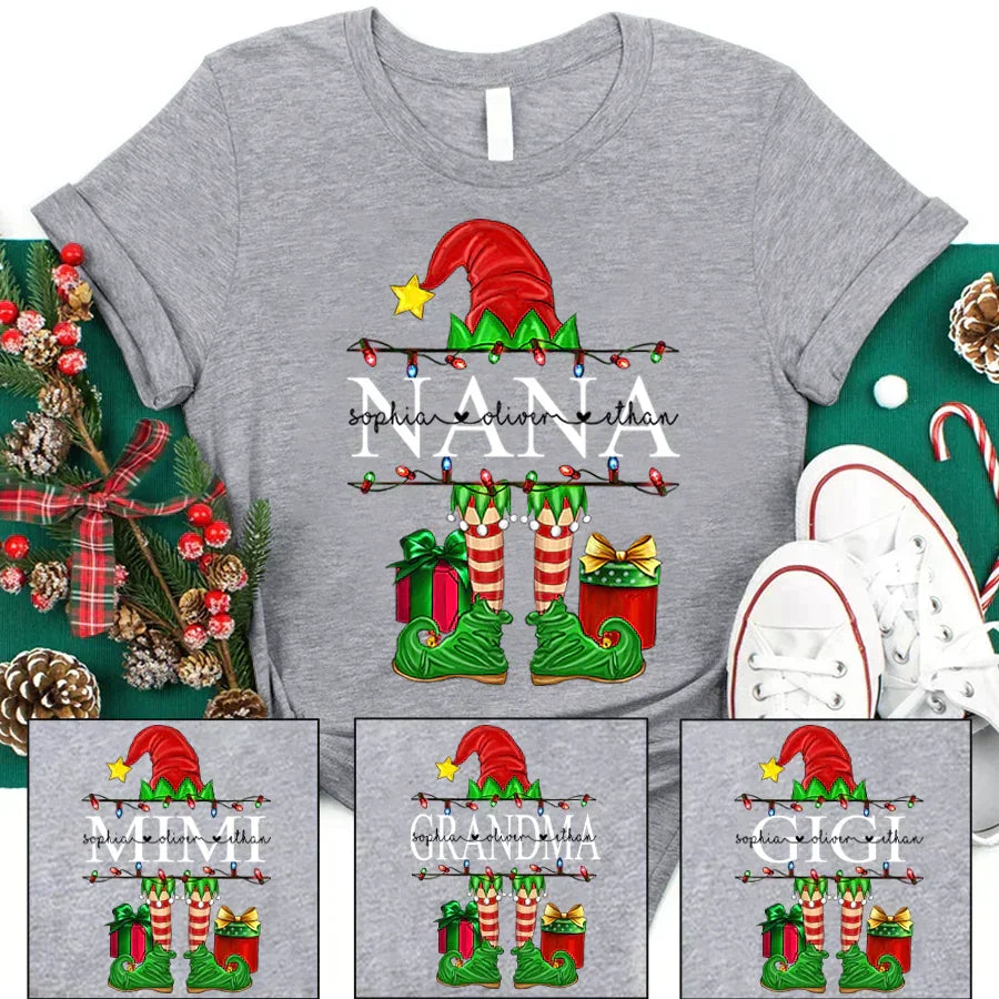 Lofaris Christmas Elf Grandkids Personalized Name T-Shirt