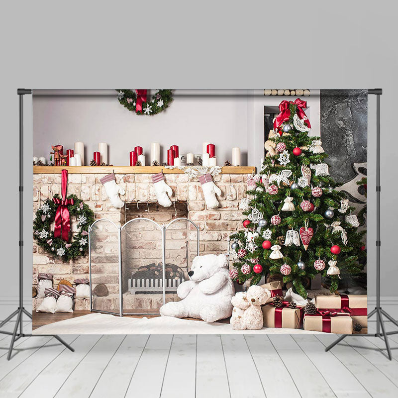 Lofaris Christmas Tree Brick Fireplace Bear Wreath Backdrop